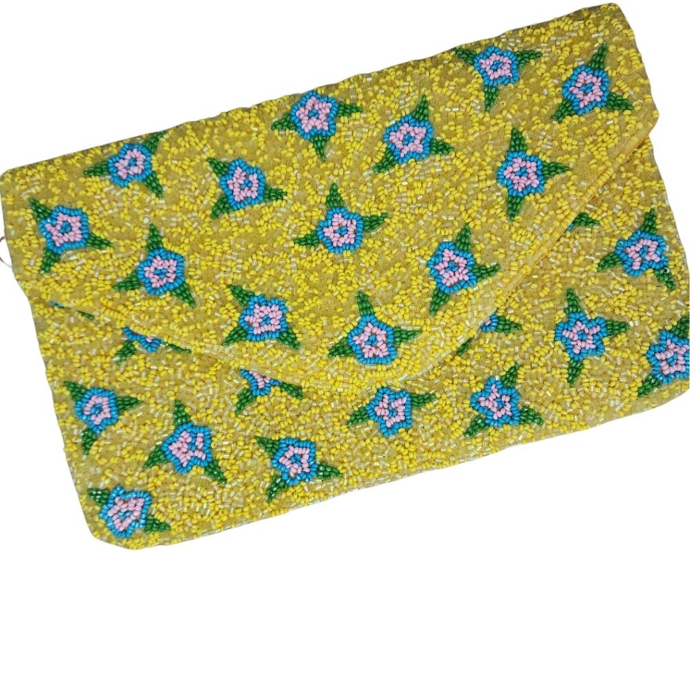 KAYLEE Yellow Floral Beaded Envelope Clutch Crossbody Bag NWT